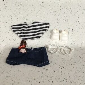 Labubu Outfit Set with Striped Top, Denim Shorts, Shoes & Glasses